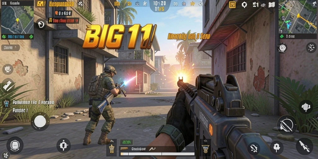 Screenshot tampilan gameplay intens dari BIG11 saat pertempuran FPS.