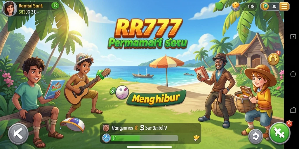 Screenshot gameplay <strong>RR777</strong> menampilkan grafis yang cerah dan menarik.