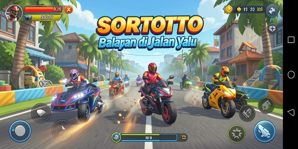 Tampilan gameplay racing SORTOTO yang penuh aksi dan seru.